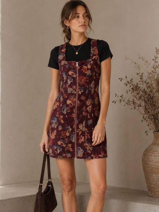 Free People Dresses & Skirts - Free People Floral Corduroy Mini Dress 12 Burgundy Double Zip Cottagecore Boho